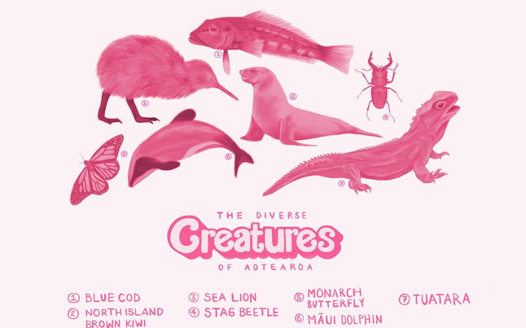 An illustration in Barbie style showing the creatures of New Zealand.