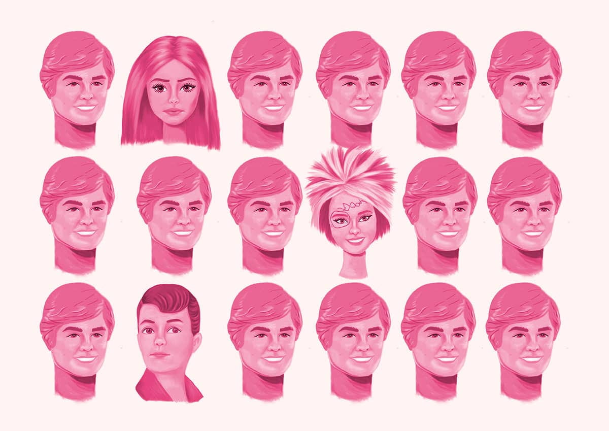 An illustration in pink showing lots of Kens and only a few Barbies.