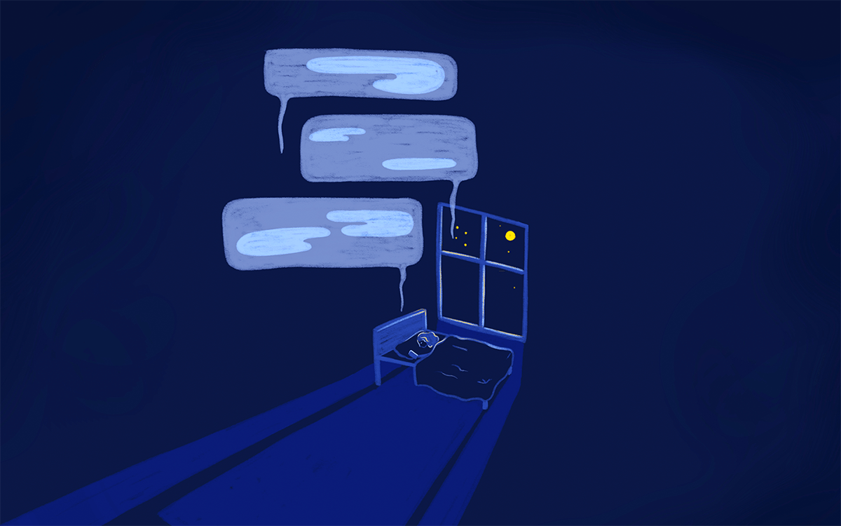 A dark blue illustration of a young woman scrolling a phone in bed in the dark.