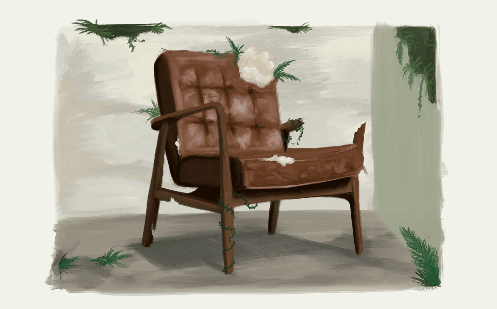 An illustration of a leather armchair with an arm broken and the stuffing leaking out.