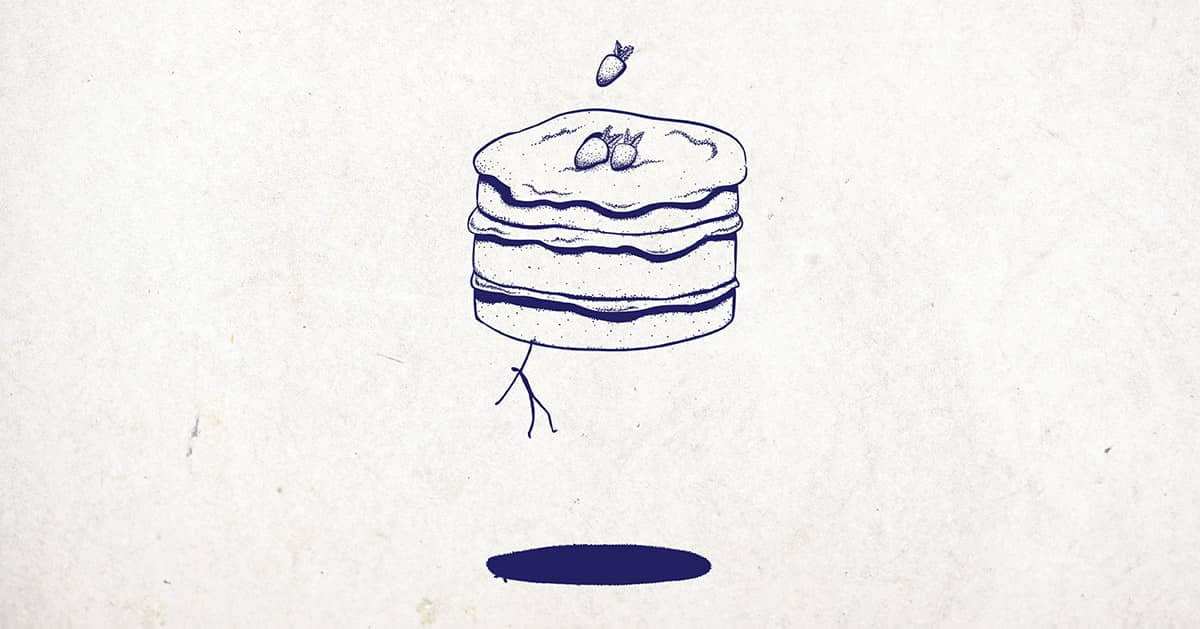 An illustration of a stick figure hanging from a cake floating in the sky.